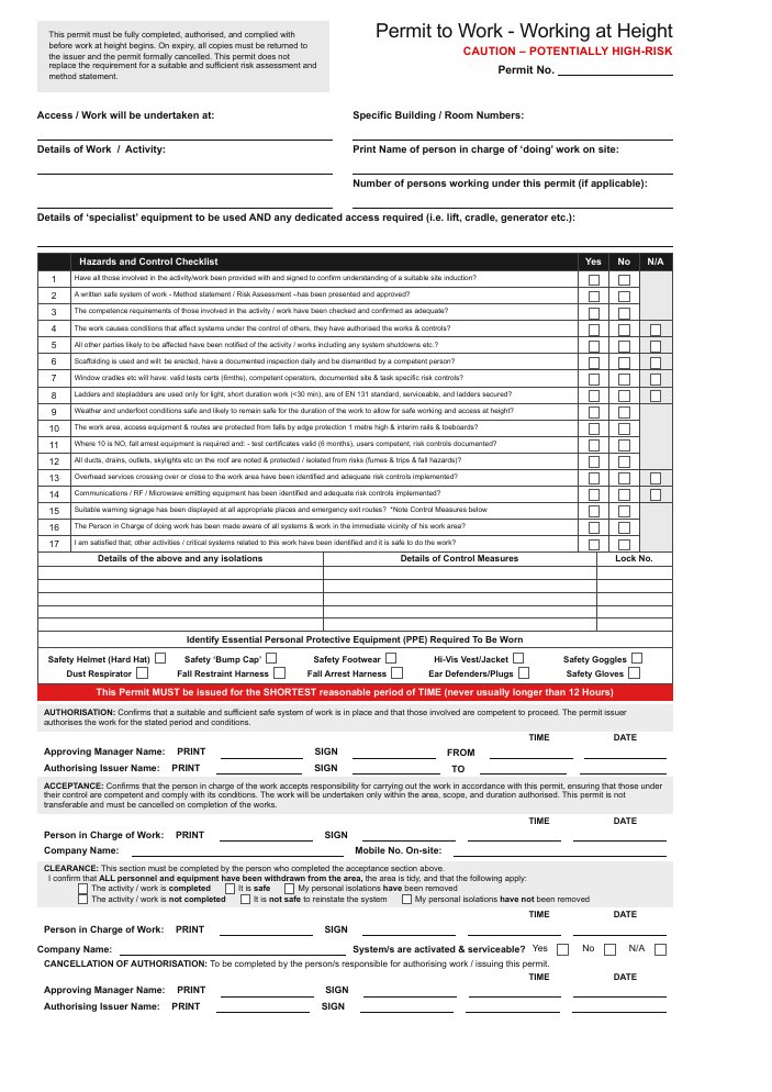 Working at Height Permit ( A4 PDF editable) preview